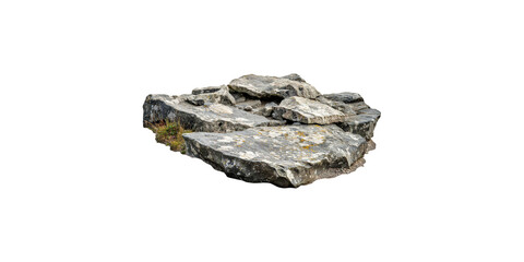 Flat gray rocks with moss and grass isolated on transparent background