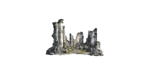 Ancient stone ruins with rocky landscape isolated on transparent background