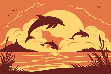  Silhouettes of dolphins jumping, golden sunset over ocean, vibrant orange sky, dramatic clouds, calm sea reflection, serene seascape, majestic marine life, nature photography, high contrast, backli