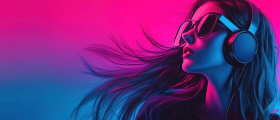 Young woman with headphones and sunglasses enjoying music in vibrant neon pink and blue lighting Concept of music, nightlife, and fashion