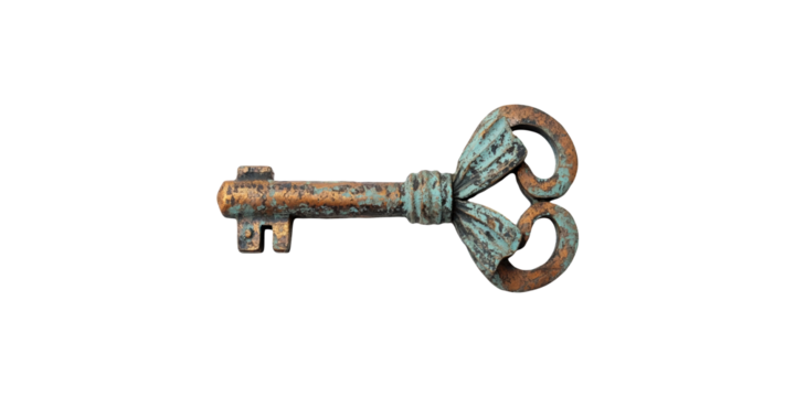 Vintage rusty skeleton key isolated on transparent background