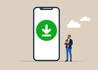 Mobile phone with download data to cloud computing. Download the app. Modern vector illustration in flat style