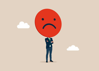 Businessman with a wicked face of a head on shoulders. Burnout from tiring work or demotivation from failure, stress. Flat vector illustration.