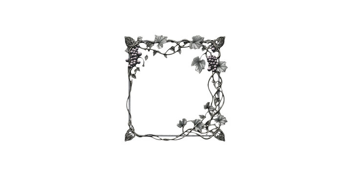 Ornate grapevine metal frame with leaves and berries isolated on transparent background