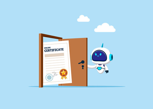 Robot opening a door to see to see certificate and award paper. Best graduate, cum laude. Modern flat vector illustration 