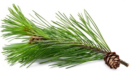 Pine branch displaying green needles and pine cones against crisp white backdrop