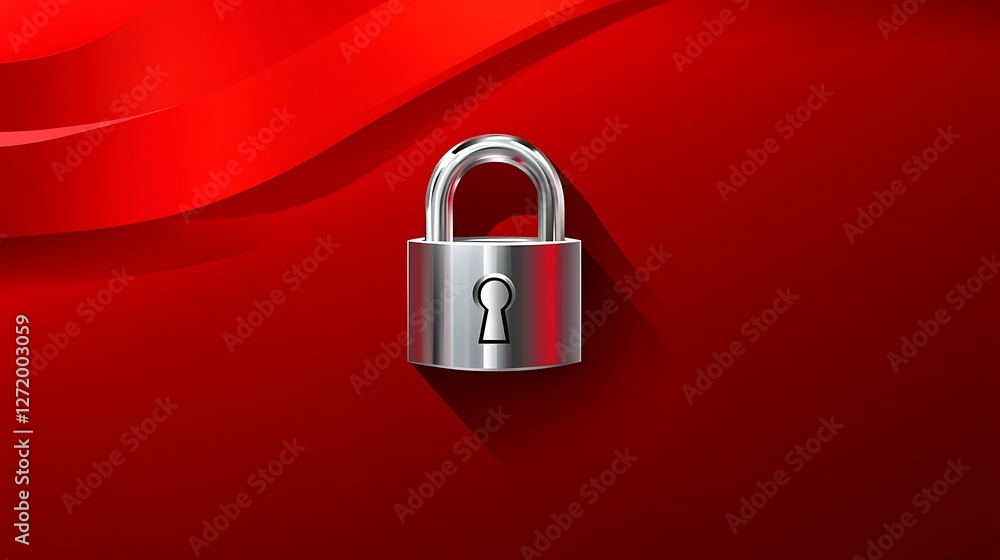 Poster detailed vector of a glossy silver lock icon on a smooth red background with shadows