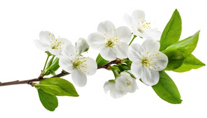 Obraz premium Plum tree branch with delicate white flowers and vibrant green leaves, creating a fresh and spring like image against a clean white backdrop