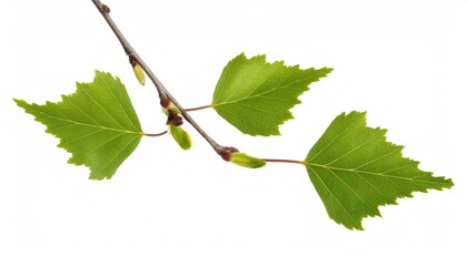 Fototapeta premium Small, delicate green leaves and thin bark of birch tree branch isolated on white