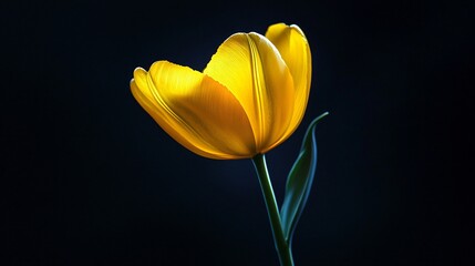 A single yellow tulip in a dark studio setting, soft dramatic lighting, high contrast, black background, ultra-detailed petals, macro photography, cinematic glow