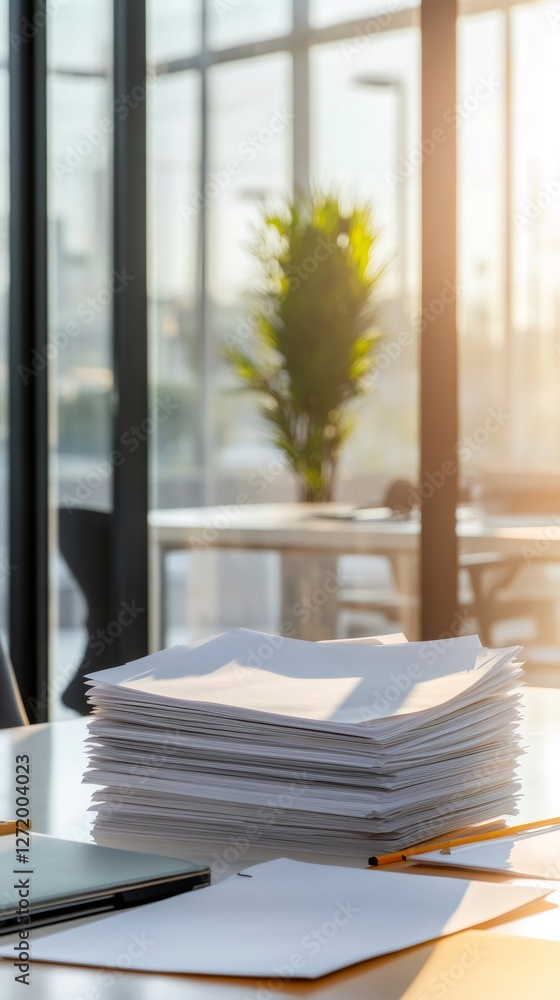 Poster cluttered office desk piled with documents symbolizes the chaos of multitasking and time management.