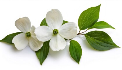 Obraz premium White dogwood blossoms opening delicately, surrounding green foliage, resting against pristine white backdrop