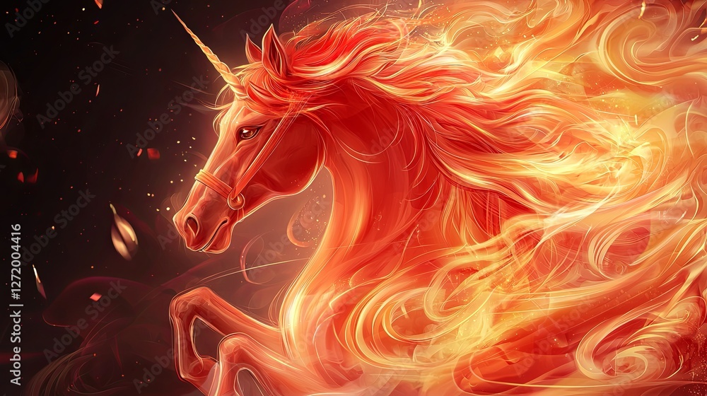 Poster fiery unicorn in motion: majestic creature with flaming mane on dark background