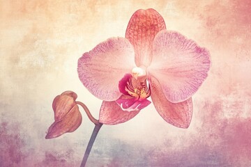 Beautiful pink orchid blossom with bud against a textured backdrop