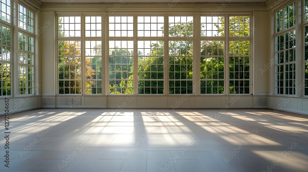 Poster sunlit empty room with large windows and green trees view