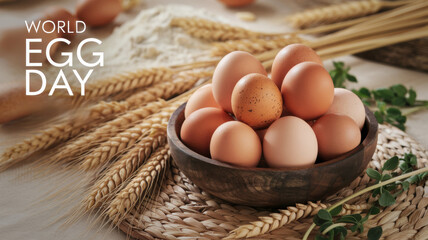 A beautifully stacked stack of freshly laid eggs placed in a wooden bowl. Wheat spikelets, flour and fresh herbs are laid out around the bowl, reminiscent of home comfort and baking. "World Egg Day".