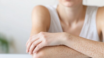 Close up of a young woman's arms and hands, highlighting the visible freckles and pigmentation 