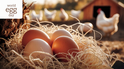 Freshly laid eggs hidden in soft golden hay. There is a blurry image of a chicken coop and chickens in the background. The inscription "World Egg Day".