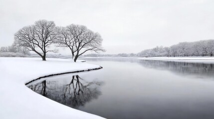 Snow Covered Trees Reflected in a Calm Winter Lake