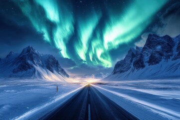 Majestic northern lights above a snow-covered road at night