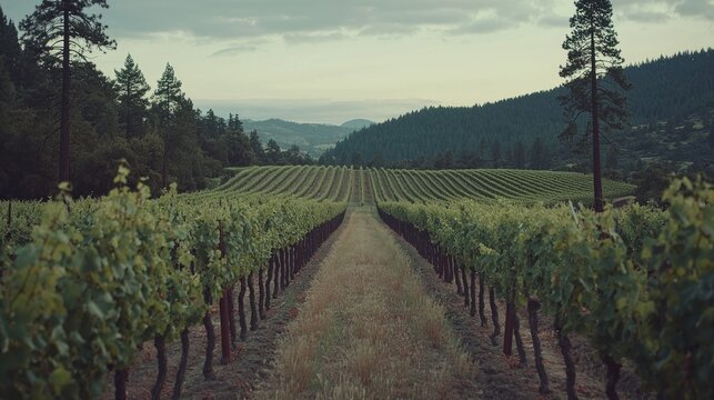Serene vineyard rows stretching towards distant hills under a cloudy sky.