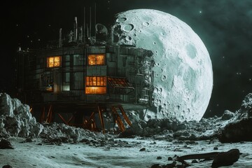 Lunar base illuminated at night with a large moon in the background over a barren landscape