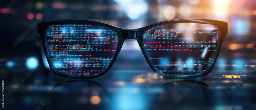 Aufkleber futuristic smart glasses displaying computer code reflecting a cityscape at night concept of augment