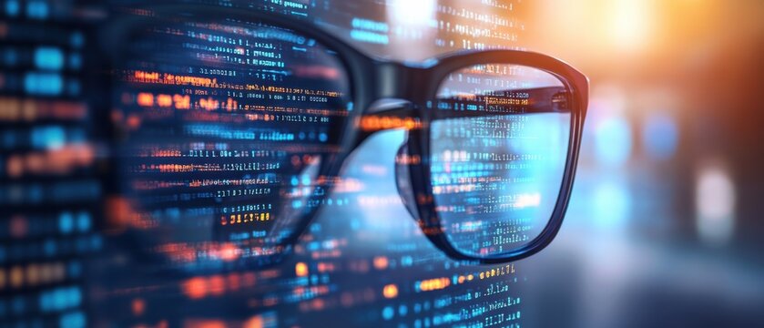Eyeglasses reflecting lines of code on a computer screen, concept of programming, software development, and technology