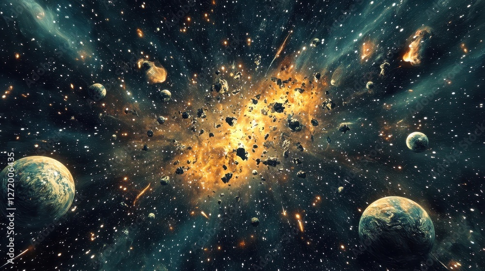Poster a stunning cosmic scene displays planets and exploding asteroids