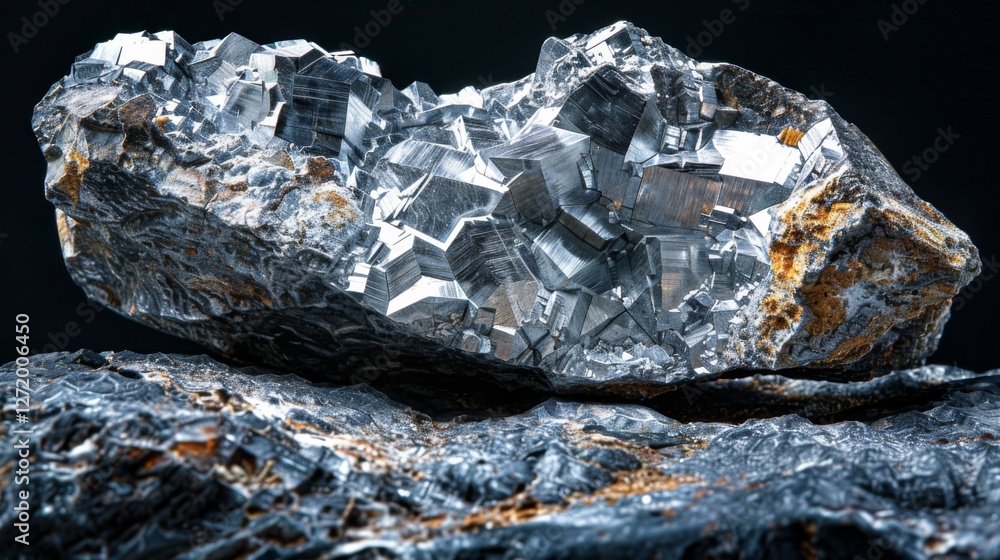 Poster a striking mineral cluster is highlighted, featuring shiny metallic crystals with distinct geometric
