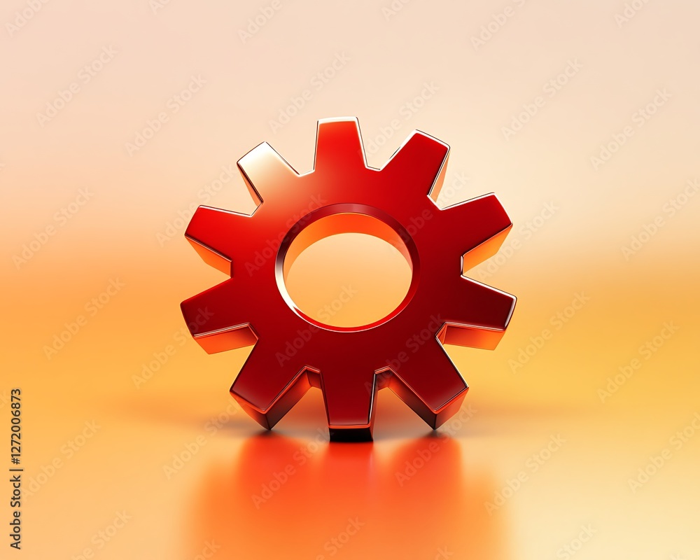Poster high-resolution vector of a metallic red gear icon on a smooth gradient orange background