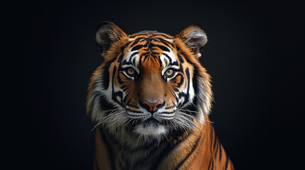 Fototapeta premium Majestic tiger portrait with striking orange and black stripes, intense gaze, and elegant fur against a dark background. Natural and powerful.