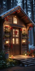 Cozy wooden cabin decorated with twinkling lights and red bows for Christmas, wooden, Christmas