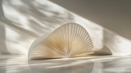 Open book, fanned pages, sunlight shadow.