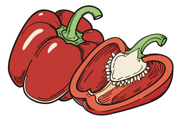  Vibrant red bell pepper, glossy skin, green curled stem, close-up photography, white background, studio lighting, hyper-realistic, food photography, crisp details, fresh produce, saturated colors, 