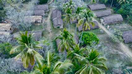 Aerial photography of boat shaped houses in Baicha Village, Hainan