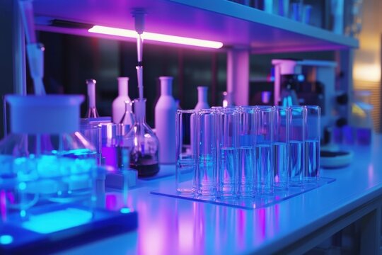 Brightly lit laboratory workspace with various glassware and colorful liquids during evening hours
