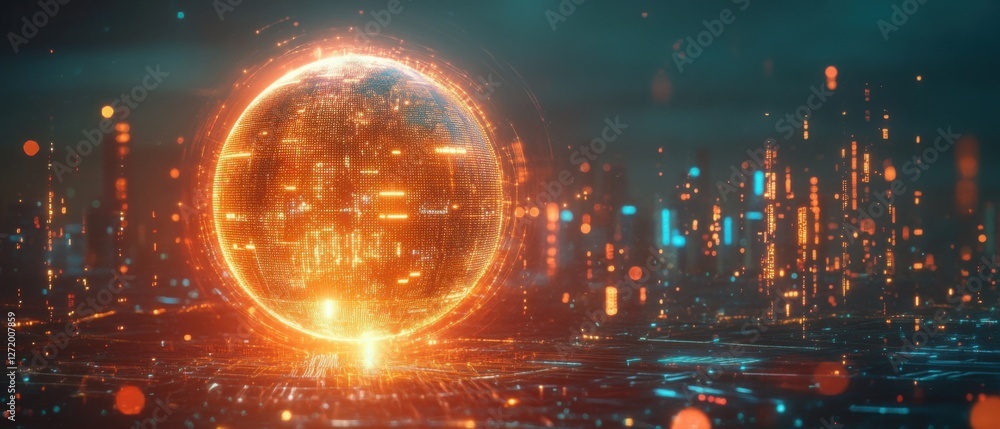 Poster futuristic glowing digital global network with data processing and cityscape background concept of g