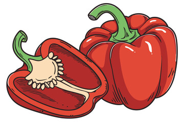  Vibrant red bell pepper, glossy skin, green curled stem, close-up photography, white background, studio lighting, hyper-realistic, food photography, crisp details, fresh produce, saturated colors, 