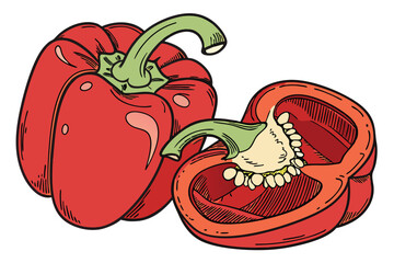  Vibrant red bell pepper, glossy skin, green curled stem, close-up photography, white background, studio lighting, hyper-realistic, food photography, crisp details, fresh produce, saturated colors, 