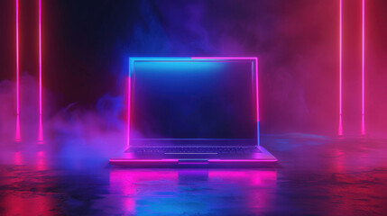Futuristic neon laptop with glowing pink and blue lights, symbolizing modern technology, digital innovation and the evolution of virtual computing