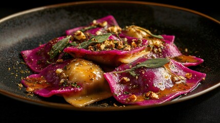 Beetroot ravioli with sage, pecans, and brown butter sauce.