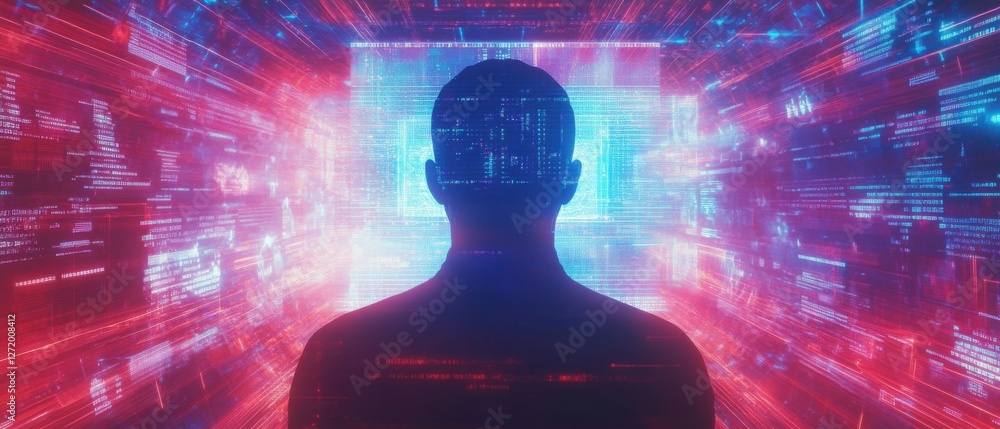 Poster silhouette of a person surrounded by futuristic digital code in a virtual reality or cyberspace envi