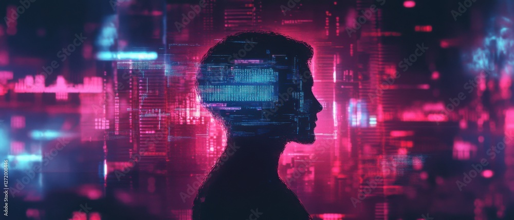 Poster silhouette of a man with data code overlay against a futuristic cityscape background concept of arti