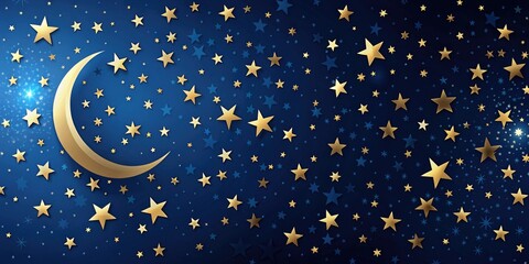 Fototapeta premium Dark blue background with scattered stars and a crescent moon in the sky, astronomical objects, stellar night sky, lunar cycle