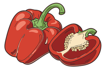  Vibrant red bell pepper, glossy skin, green curled stem, close-up photography, white background, studio lighting, hyper-realistic, food photography, crisp details, fresh produce, saturated colors, 