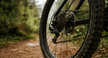 Fototapeta premium Close-up of a mountain bike wheel on a dirt trail in nature