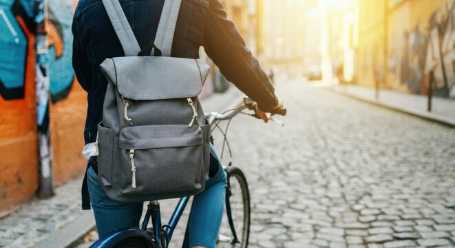 Person riding a bicycle with a stylish gray backpack in an urban setting
