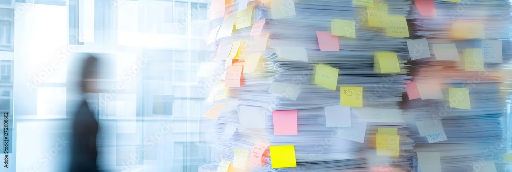 Poster Blurred office setting with towering stacks of paper covered in colorful sticky notes, symbolizing multitasking, time management, and the stress of meeting work deadlines