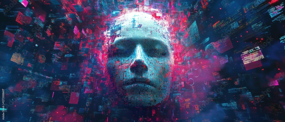 Poster digital human face with closed eyes surrounded by data streams and code in cyberspace concept of art